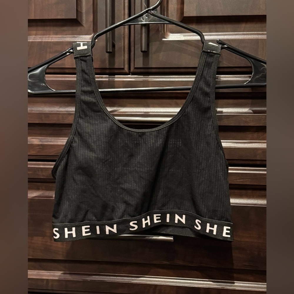 SHEIN Black Ribbed Logo crop top sports bra MEDIUM adjustable straps - Picture 1 of 5